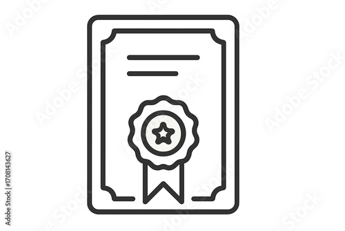 Certificate icon vector. Diploma line art illustration. Award symbol outline design. Achievement, success, qualification concept. Quality guarantee seal with star and ribbon.