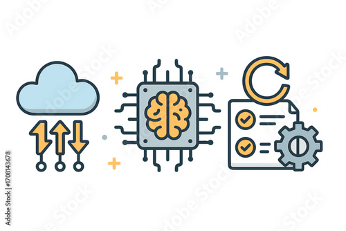 Technology icons showing cloud computing, data upload and download, AI brain on a chip, and workflow automation. Vector set for digital transformation and machine learning.