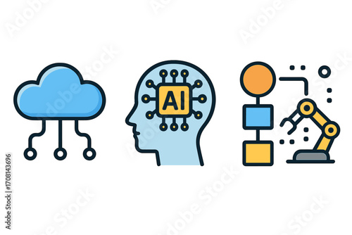 Technology icons set for cloud computing, artificial intelligence, and robotic automation workflow. Vector symbols for data processing, digital transformation, and Industry 4.0 concepts.