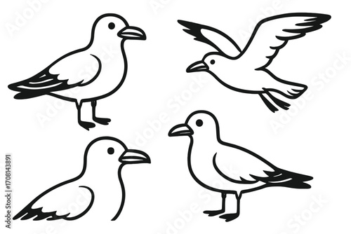 Set of modern cartoon seagulls. Simple line art bird icons. Vector collection of flying and standing sea gulls for beach and ocean themes. Hand-drawn wildlife animal illustrations.