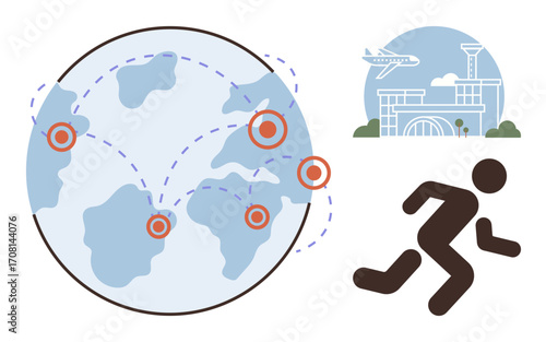 Globe marked with travel points, airport building, airplane, and running person. Ideal for travel, logistics, global connectivity, business communication migration tourism. Simple flat metaphor