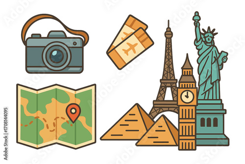 Travel and tourism icon set for world adventure. Vector collection of vacation essentials like camera, map, tickets and famous landmarks: Eiffel Tower, Big Ben, Pyramids, Statue of Liberty.
