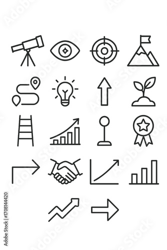 Vision Focus icons in minimalistic line art style: telescope icon, focus eye, goal target, mountain climb, flag peak, roadmap icon, idea bulb, upward
