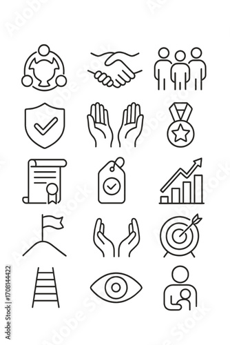 Teamwork and Values icons in minimalistic line art style: teamwork circle, handshake trust, respect hands, diversity icon, ethical shield, mission