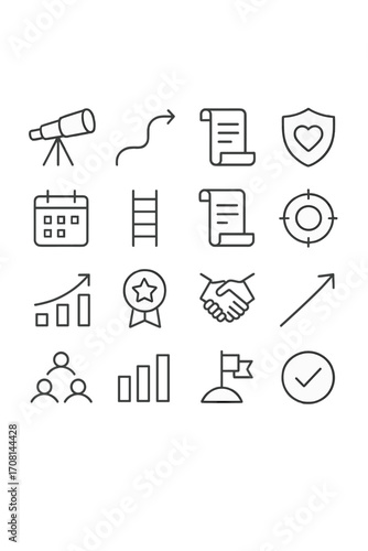 Mission Purpose icons in minimalistic line art style: telescope vision, path arrow, mission scroll, ethical shield, calendar icon, ladder steps,