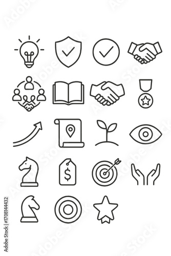 Innovation and Integrity icons in minimalistic line art style: idea bulb, ethical shield, verified check, respect hands, diversity circle, open book,