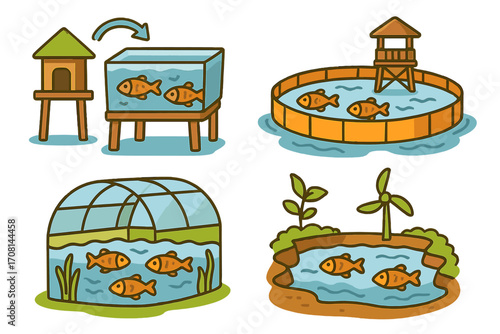 Fish farming vector icon set. Aquaculture and fishery concept. Sustainable aquaponics with tank, pond, and greenhouse. Eco friendly fish production cartoon illustration.