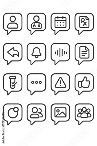 Healthcare Chat icons in minimalistic line art style: patient bubble, doctor bubble, appointment bubble, prescription bubble, reply bubble, reminder