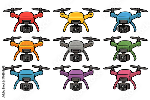 Colorful drone cartoon vector set. Quadcopter with camera illustration collection. Aerial photography and videography concept. Air surveillance technology icons. UAV fly.