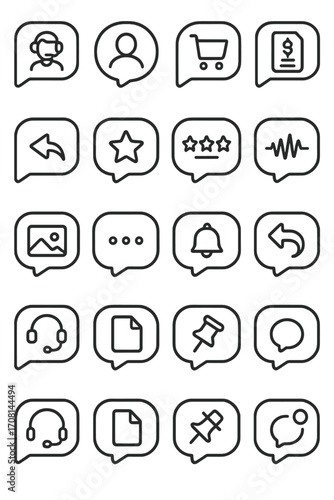 E-commerce Chat icons in minimalistic line art style: seller bubble, buyer bubble, order bubble, invoice bubble, reply bubble, feedback bubble, rating