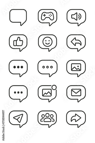 Gaming Chat icons in minimalistic line art style: lobby bubble, team bubble, voice bubble, text bubble, reaction bubble, emoji bubble, reply bubble,
