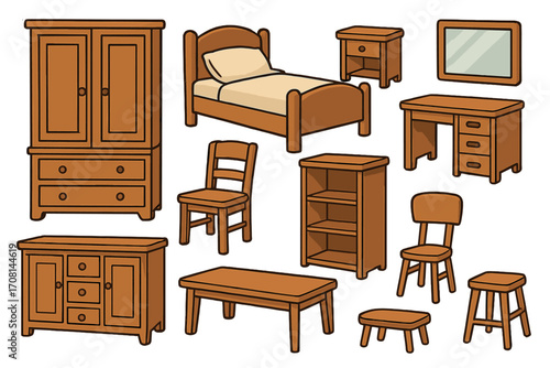 Wooden furniture set collection. Vector cartoon illustration of home interior elements. Bed, wardrobe, desk, chair, table, bookshelf. House decoration and furnishing objects.