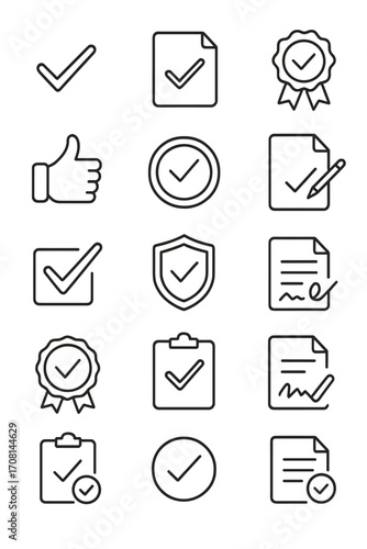 Decision Icons icons in minimalistic line art style: approval mark, confirmed decision, verified file, approval badge, thumbs up, approved icon,