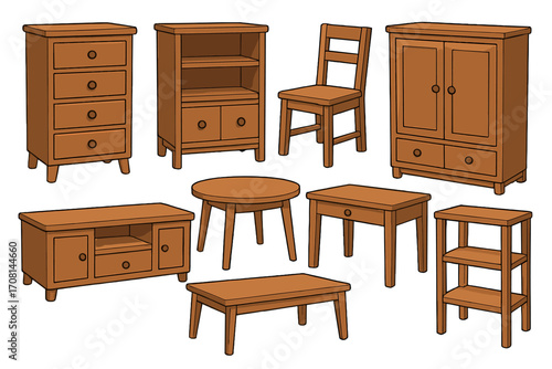 Cartoon wooden furniture set. Vector collection of isolated home interior elements. Wood chair, table, cabinet, shelf, wardrobe, chest of drawers for room decor design.