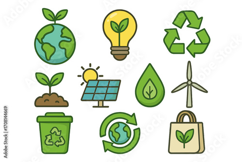 Eco friendly icon collection for sustainability and environmental awareness. Vector set of renewable energy, recycling, and conservation symbols. Green earth, nature, and ecology.
