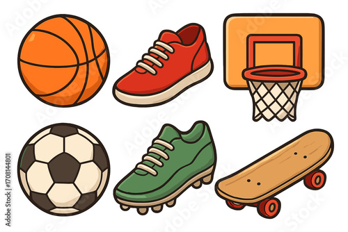 Sports equipment icon set. Collection of cartoon vector illustrations. Basketball, soccer ball, football cleat, sneaker, hoop, and skateboard. Isolated on white background.