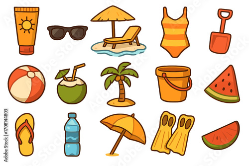 Summer beach vacation icon set. Collection of cartoon vector elements for tropical travel and seaside holiday fun. Sunscreen, palm tree, swimsuit, beach ball, watermelon.