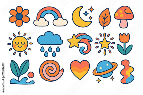 Retro groovy sticker pack. 70s cartoon icons. Abstract nature and celestial elements. Hippie doodle set with sun, moon, rainbow, flower, mushroom. Psychedelic vector illustration.