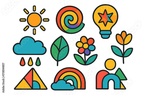 Abstract icon collection with colorful nature and weather elements. Modern flat design symbols for creativity and ideas. Sun, flower, rainbow, leaf, lightbulb vector graphics set.