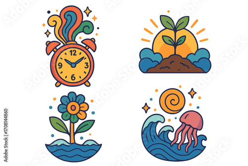 Retro groovy sticker set with psychedelic clock, plant growth, and ocean life. Vector cartoon icons of sunrise, flower, and jellyfish for nature and time concepts.