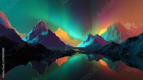 Vivid Mountain Landscape with Northern Lights Over Calm Reflective Water