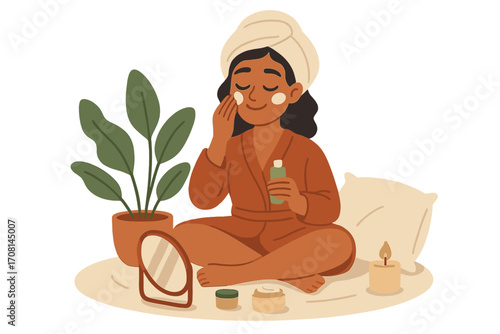 Woman enjoying home spa day with beauty products. Skincare routine concept. Girl in bathrobe applying face cream for healthy skin. Self care, wellness and relaxation vector illustration.