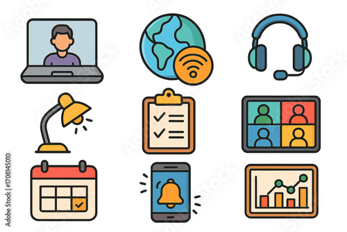 Remote work icon set for home office productivity. Business communication technology concepts like video conference, online meeting, freelance work and global virtual teams.