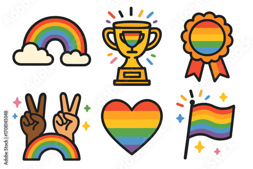 LGBTQ pride month icon set with rainbow flag, heart, and trophy. Gay pride celebration symbols. Vector love, peace, and equality sticker pack for social media. Diversity.