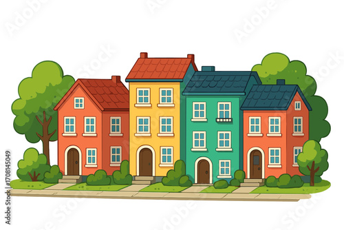 Row of colorful cartoon townhouses on a city street. Vector illustration of a cheerful neighborhood with homes and trees. Real estate and property housing concept.