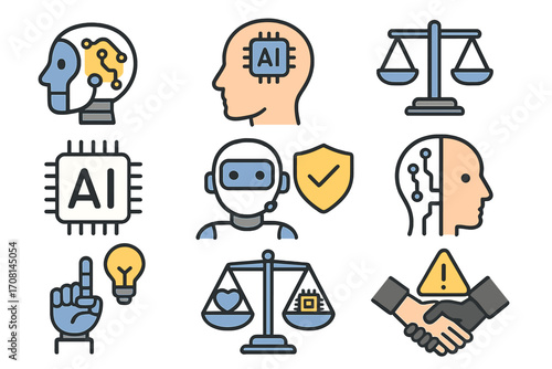AI ethics and law icon set. Artificial intelligence, robot, machine learning concepts. Human vs machine, justice, security and future technology. Vector symbols illustration.