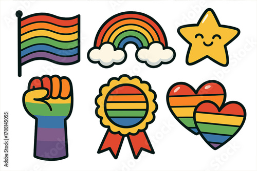 Set of LGBTQ pride symbols. Gay pride parade cartoon icons. Rainbow flag, heart, fist. Celebrate diversity and inclusivity. Vector illustration for stickers and posters.