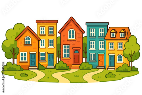 Vector illustration of a cheerful neighborhood with colorful townhouses. Cartoon street with cute houses and trees. Real estate concept. Urban landscape, city life. Set of houses.