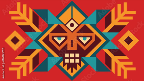 Geometric Tribal Mask Design with Red, Teal, and Orange Color Palette pattern