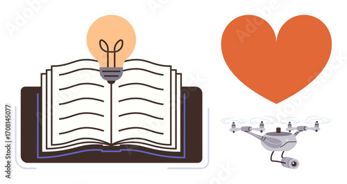 Open book with glowing bulb as idea metaphor, quadcopter for innovation, orange heart for emotion and creativity. Ideal for education, technology, passion, innovation, knowledge, creativity teamwork