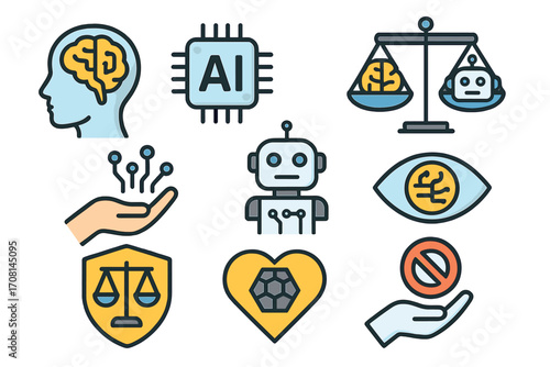 AI ethics and law icon set. Artificial intelligence, human vs machine on scale of justice. Robot brain, future technology, moral dilemma, and regulation concept icons.