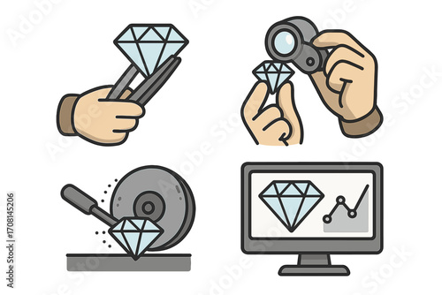Diamond processing and analysis icon set. Gemstone cutting on a grinding wheel, inspection with a loupe, holding with tweezers, and valuation on a computer screen. Vector.