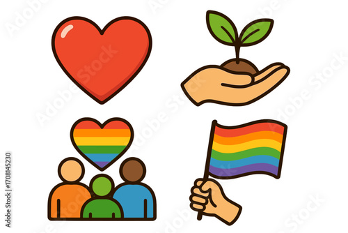Set of LGBT pride icons. Love, diversity, community support, and growth symbols. Rainbow heart and flag. Vector illustration for inclusion, equality, and human rights.