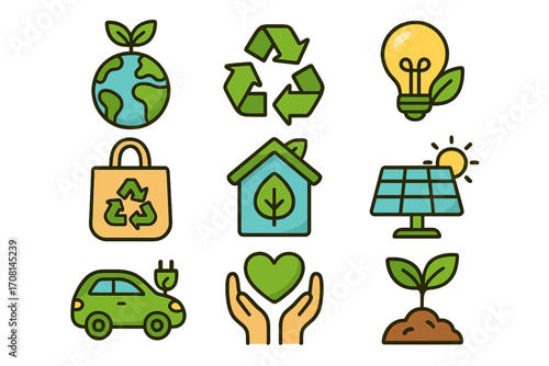 Eco friendly icons set. Green energy, sustainability, and ecology concept. Vector cartoon illustration with symbols for recycling, solar power, planet earth and nature.