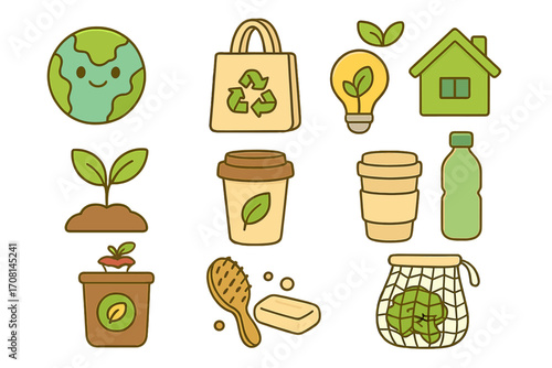 Eco friendly icons for sustainable living and zero waste practices. Cute cartoon vector illustration set for green lifestyle. Reusable items, recycling, and planet care concepts.
