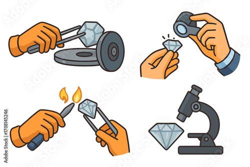 Diamond processing and analysis set. Jeweler hands cutting, grading, and appraising gems. Gemology concept with loupe, microscope, and grinding wheel. Vector icons.