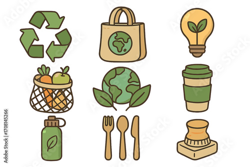 Eco friendly icon set for sustainable living and zero waste practices. Vector collection of green lifestyle symbols like recycle, reusable bag, green energy, and planet care.