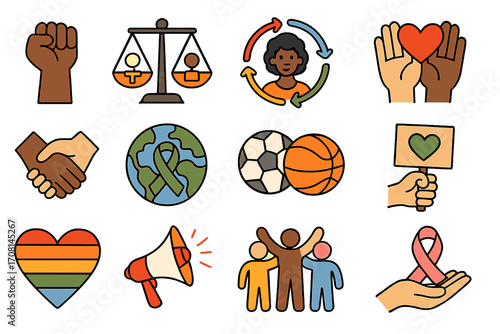 Social issues and community engagement vector icon set. Icons for equality, diversity, human rights, justice, support, pride, activism, charity, BLM, and awareness ribbon.