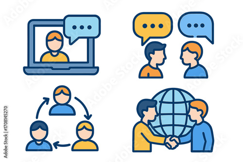 Digital communication icon set. Collaboration, teamwork, global partnership symbols. Vector icons for online meeting, negotiation, workflow and international business deal.