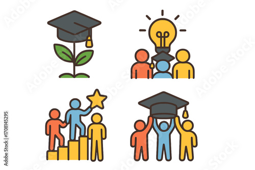 Educational achievements and teamwork vector icon set representing growth, collaboration, and success in learning. Graduation cap, student idea, career ladder, personal development.