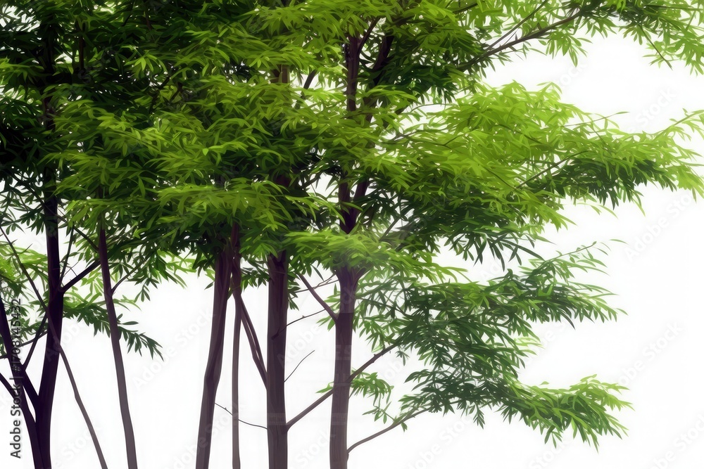 Fototapeta premium Bamboo trees with green leaves and tall trunks on white background, ultra-high definition, bright colors, soft lighting
