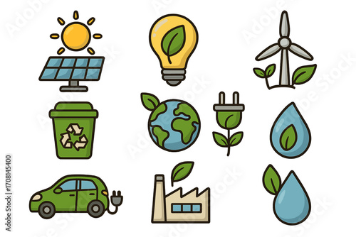 Sustainable energy icon set. Green technology and eco friendly concepts. Renewable resource symbols like solar panel, wind turbine, electric car. Vector cartoon illustration.