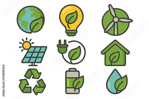 Green energy icon set with eco friendly symbols. Sustainable technology and renewable power concept. Solar panel, wind turbine, recycling and ecology vector illustration.