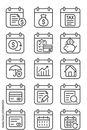 Finance Calendar icons in minimalistic line art style: bill due date, salary reminder, tax deadline, invoice date, loan repayment, budget review,