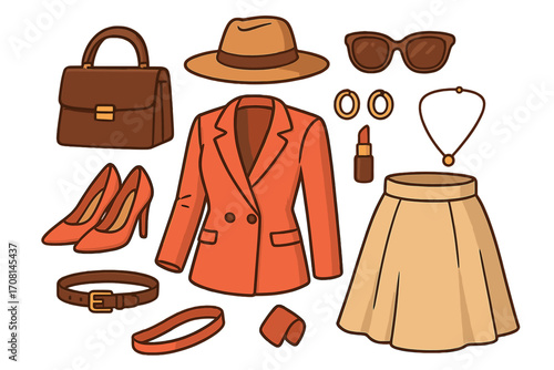 Woman fashion outfit flat lay concept. Vector cartoon set of elegant clothes and accessories. Stylish business casual look with blazer, skirt, handbag, shoes, and hat.