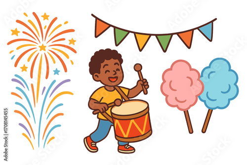 Joyful black boy drumming in a parade. Festive celebration vector set with fireworks, cotton candy and party banner. Happy kid at carnival. Cartoon illustration isolated.